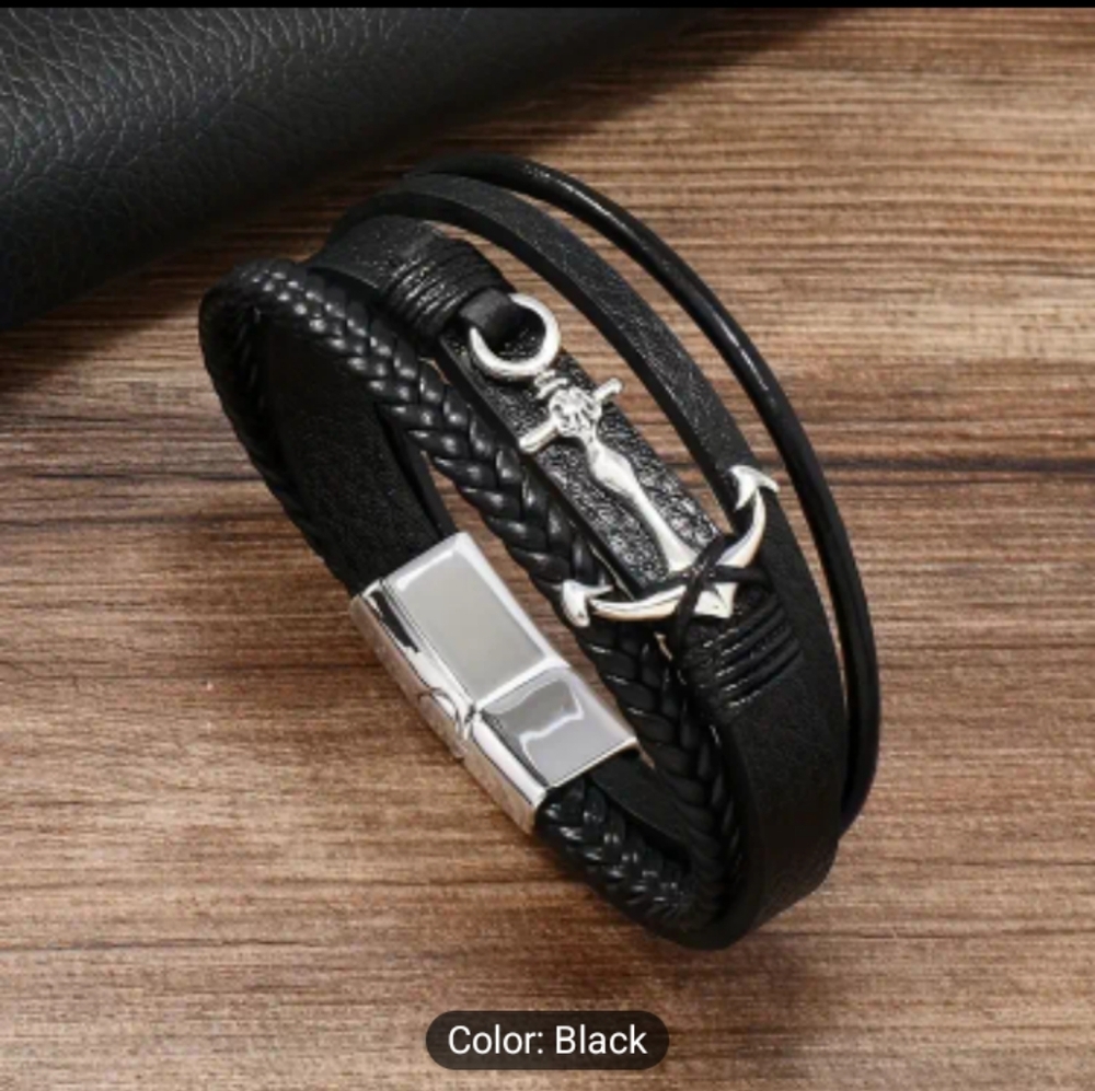 Men's Bracelet Leather Anchor Braided‎ Layered Black f22
